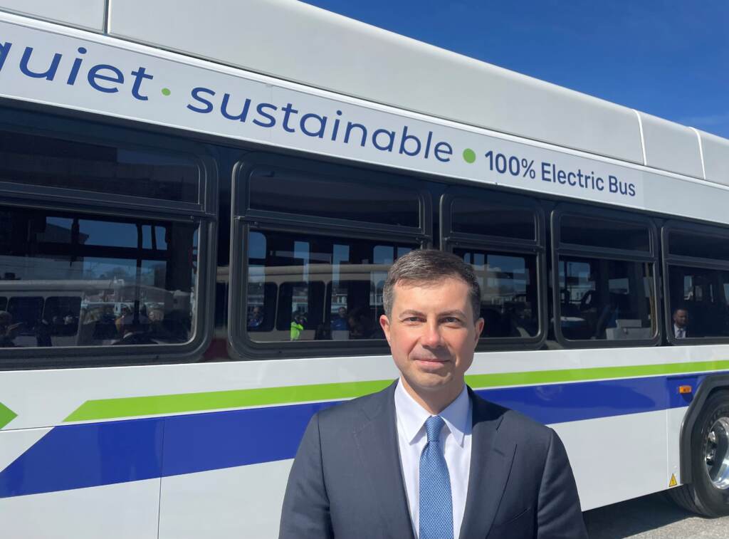 pete U.S. Transportation Secretary Pete Buttigieg touted electric transit buses during his first visit to former political rival Joe Biden's home state. (Cris Barrish/WHYY)