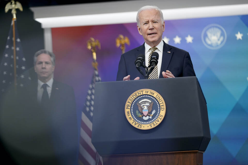 Joe Biden,Antony Blinken President Joe Biden speaks from a podium