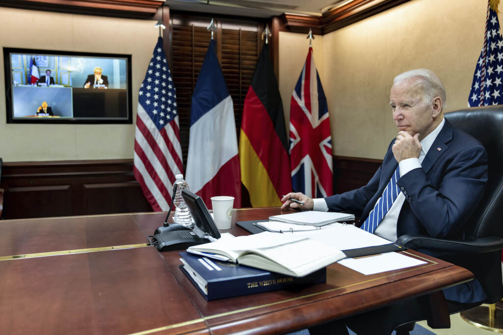 Russia Ukraine War Biden President Joe Biden listens during a secure video call with French President Emmanuel Macron, German Chancellor Olaf Scholz and British Prime Minister Boris Johnson