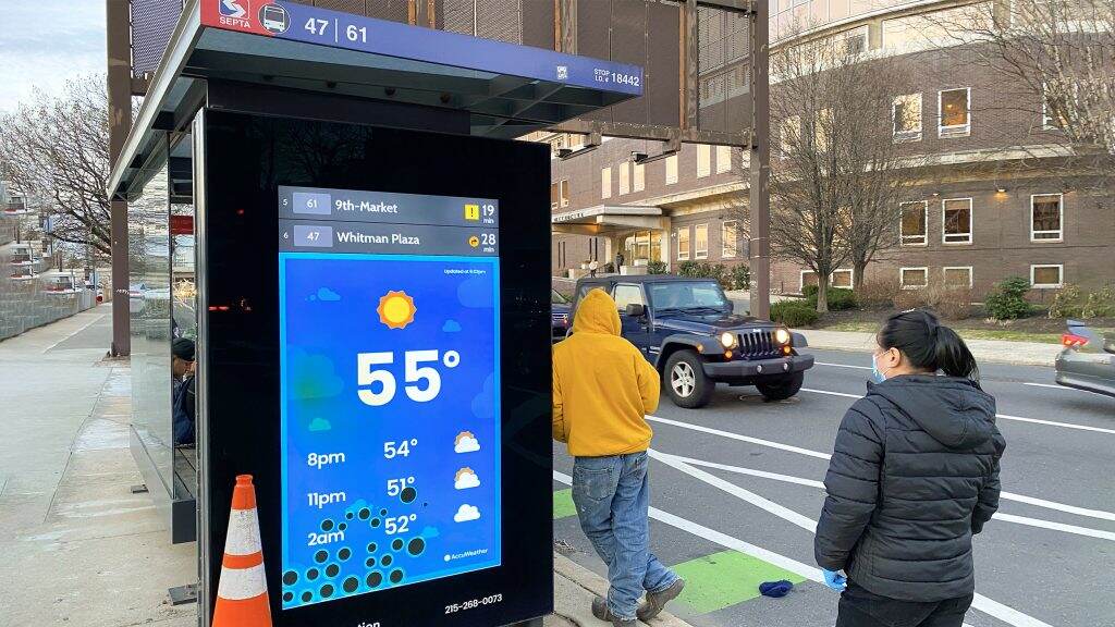 septabusstop-realtime-01crop-1024×576 People stand at a SEPTA bus stop which has a screen, displaying the weather, temperature, and real-time arrival information for buses.