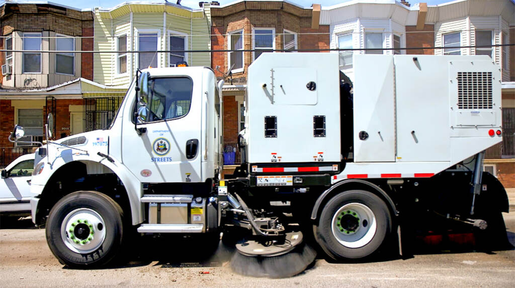 streetsweepingtruck A Streets Department mechanical broom truck drives down a Philadelphia street