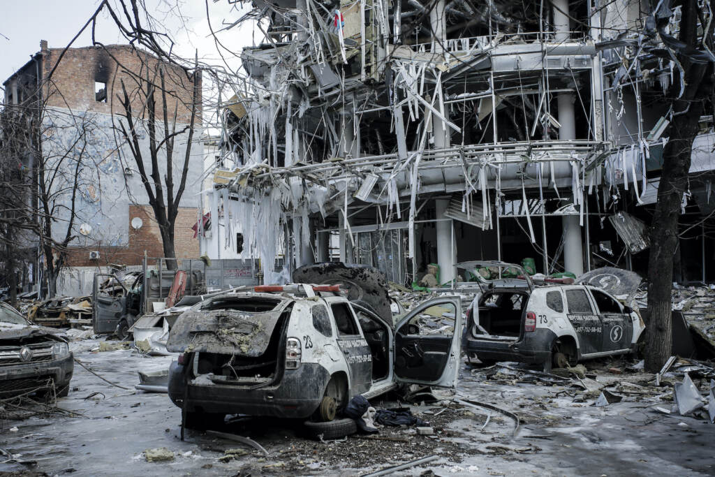 Russia Ukraine War Damaged vehicles and buildings in Kharkiv city center