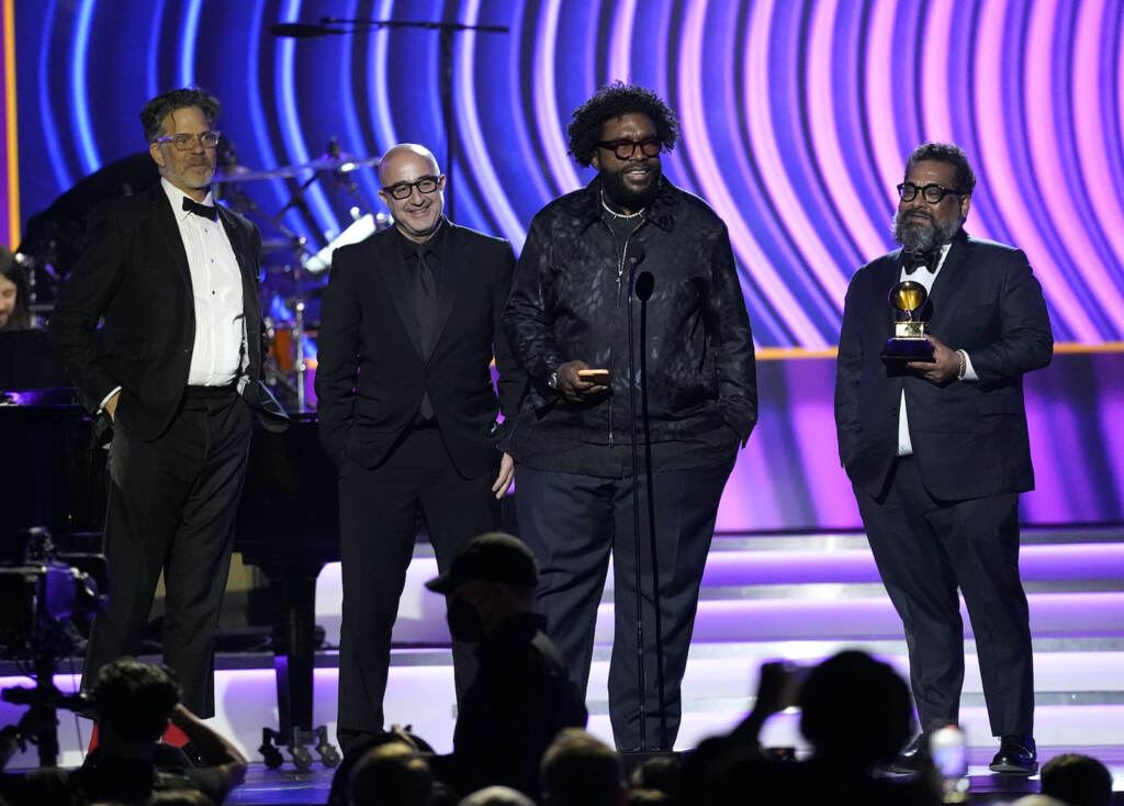 Robert Fyvolent,David Dinerstein,Questlove,Joseph Patel Robert Fyvolent, from left, David Dinerstein, Questlove, and Joseph Patel accept the award for best music film album