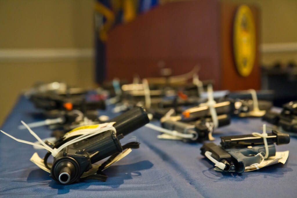 2022 04 11 k paynter ATF firearm trafficking indictments guns ATF officials announced two federal indictments of 14 individuals charged with trafficking about 500 firearms from the Southern states of Georgia and South Carolina to sell in Philadelphia, at a press conference on April 11, 2022. (Kimberly Paynter/WHYY)