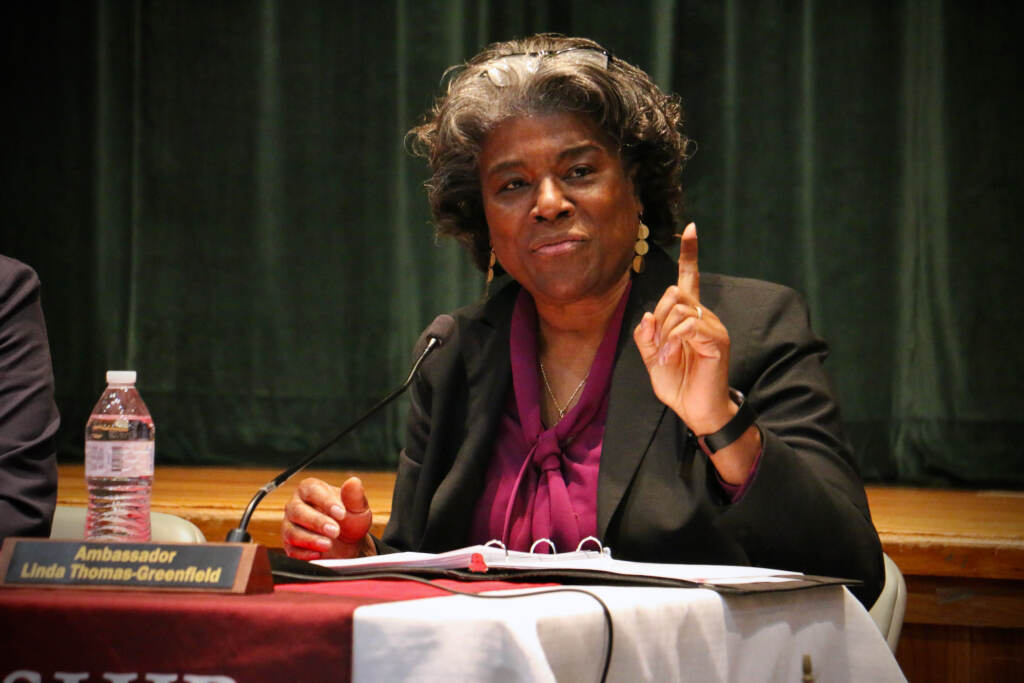 2022 04 12-e lee-linda thomas greenfield-pemberton high school nj-ambassador visits point United States Ambassador to the United Nations Linda Thomas-Greenfield speaks to students at Pemberton High School in Burlington County, N.J. (Emma Lee/WHYY)