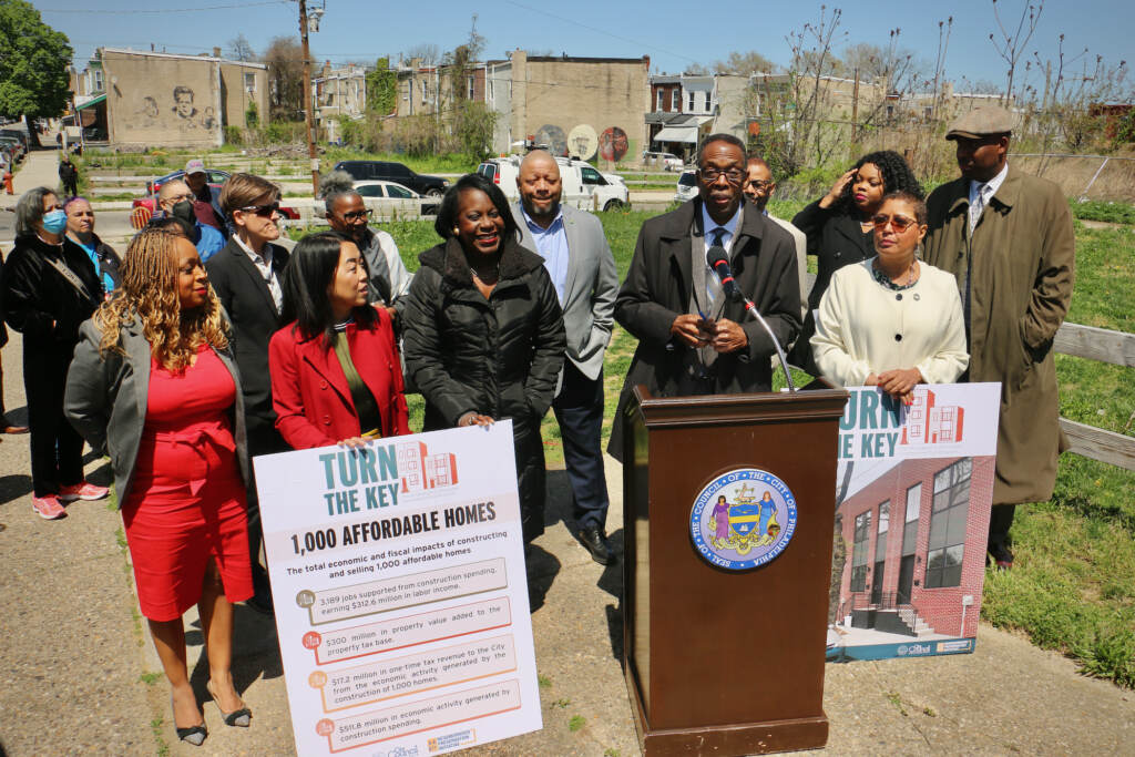 2022 04 28-e lee-darrell clarke-philadelphia 55th and poplar-affordable housing Philadelphia City Council President Darrell Clarke and other members of City Council announce that city-owned vacant lots at the corner of 55th and Poplar streets will be home to 41 affordable housing units as part of the city's Turn The Key program to promote home ownership. (Emma Lee/WHYY)