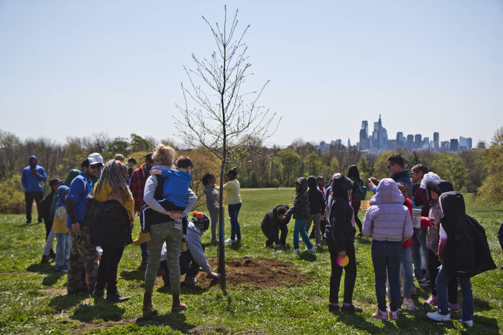2022 04 29 k paynter arbor day 2022 belmont plateau-2 File photo: Students from W. B. Saul High School and Samuel Gompers Elementary School helped the PA Department of Conservation and Natural Resources and Philadelphia’s Parks and Recreation plant black gum trees on the Belmont Plateau on Arbor Day, April 29, 2022. (Kimberly Paynter/WHYY)