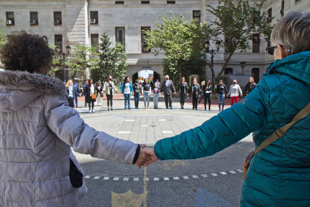 2022 04 29 k paynter woar hands around city hall-4 Philadelphians, including Mayor Jim Kenney, joined hands to raise awareness of sexual voice at the WOAR Philadelphia Center Against Sexual Violence at their Hands Around City Hall event on April 29, 2022. (Kimberly Paynter/WHYY)