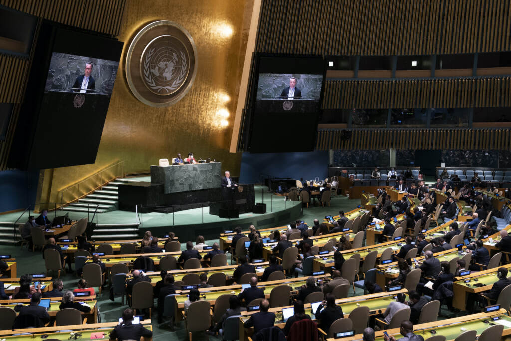 Russia Ukraine War Human Rights Council Sergiy Kyslytsya, Permanent Representative of Ukraine to the United Nations, speaks during a meeting of the United Nations General Assembly, Thursday, April 7, 2022, at United Nations headquarters. The U.N. General Assembly scheduled a vote Thursday on a resolution to suspend Russia from the world organization's leading human rights body over allegations that Russian soldiers killed civilians while retreating from the region around Ukraine's capital. (AP Photo/John Minchillo)
