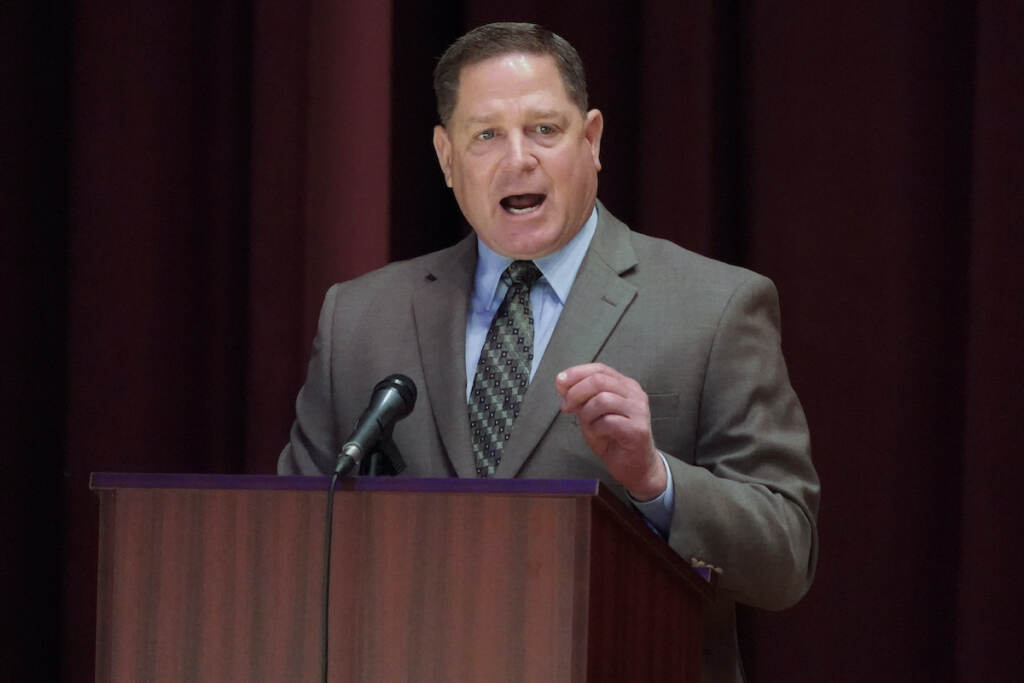 Election 2022 Pennsylvania Governor Dave White speaks from a podium during a debate