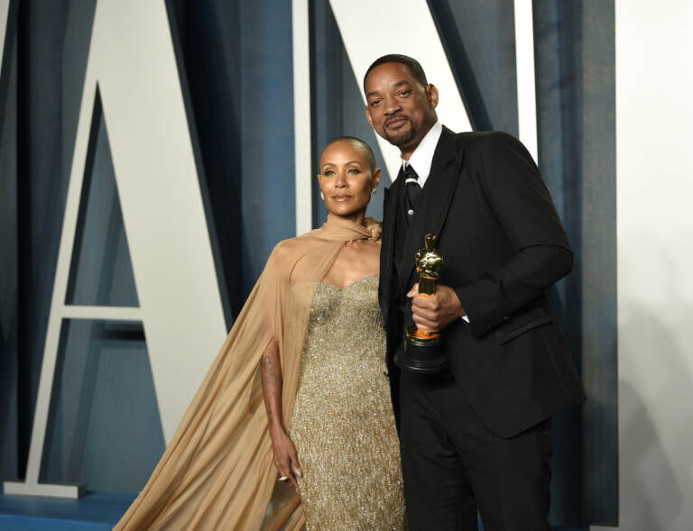 Jada Pinkett Smith, left, and Will Smith arrive at the Vanity Fair Oscar Party on Sunday, March 27, 2022, at the Wallis Annenberg Center for the Performing Arts in Beverly Hills, Calif. The stunning physical altercation between actor Will Smith and comedian Chris Rock at the 94th Academy Awards on Sunday has sparked debate about the appropriate ways for Black men to publicly defend Black women against humiliation and abuse