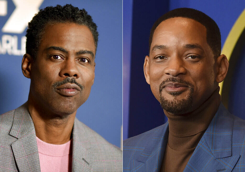 Oscars-Will Smith Chris Rock appears at the the FX portion of theTelevision Critics Association Winter press tour in Pasadena, Calif., on Jan. 9, 2020, left, and Will Smith appears at the 94th Academy Awards nominees luncheon in Los Angeles on March 7, 2022. Smith was banned from Oscars, other film academy events for 10 years for slapping Rock onstage at Academy Awards.