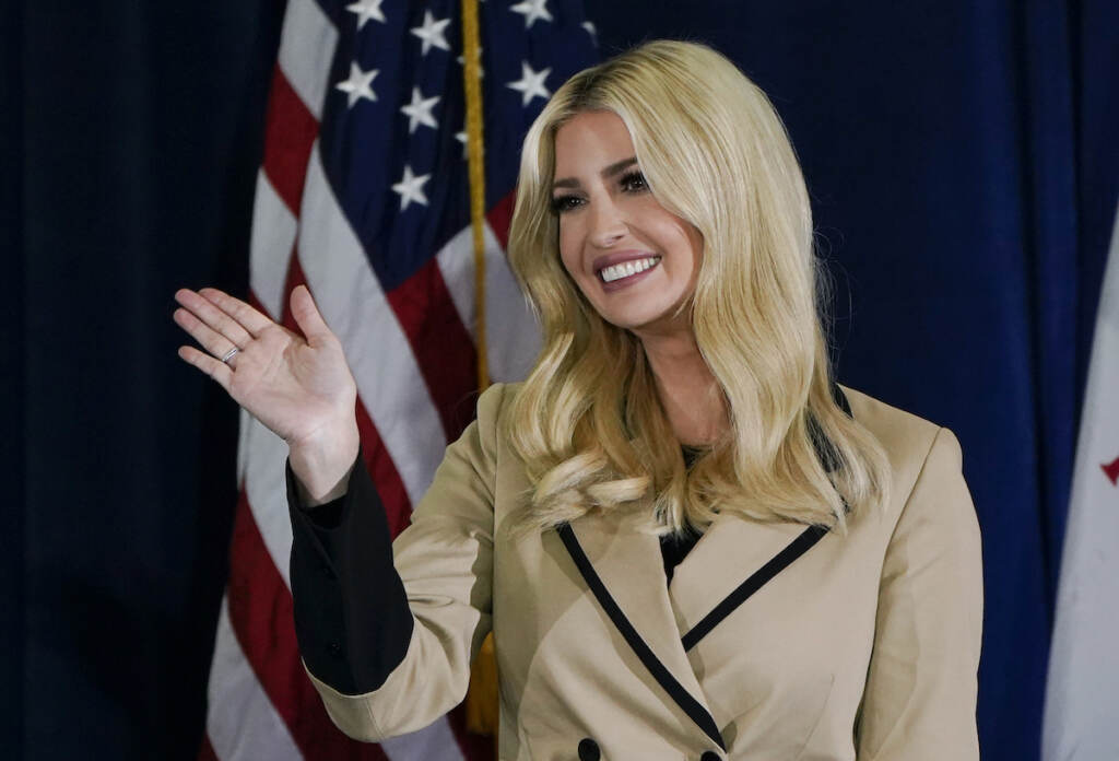Ivanka Trump, daughter and adviser to President Donald Trump, waves to supporters during a campaign event at the Iowa State Fairgrounds, Monday, Nov. 2, 2020, in Des Moines, Iowa