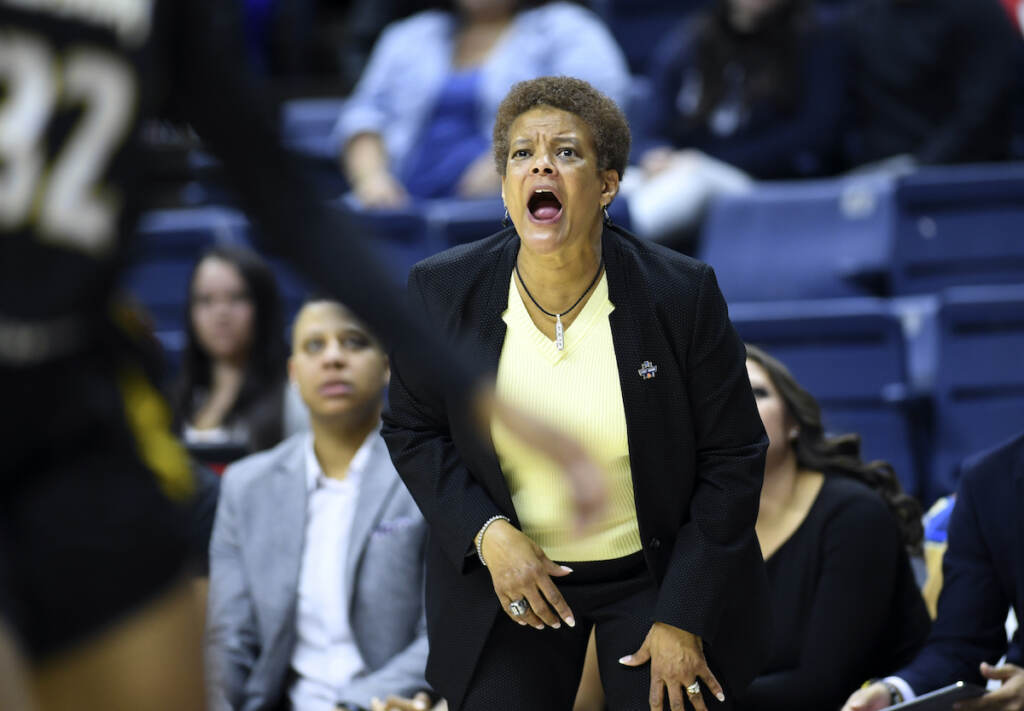 Temple Richardson Hired Basketball File photo: Towson head coach Diane Richardson yells instructions to her team during a first-round women's college basketball game against Connecticut in the NCAA Tournament, on March 22, 2019, in Storrs, Conn. Richardson, who led Towson to its first NCAA Tournament appearance in school history, was named Temple University’s women’s basketball head coach, the school announced Tuesday, April 5, 2022