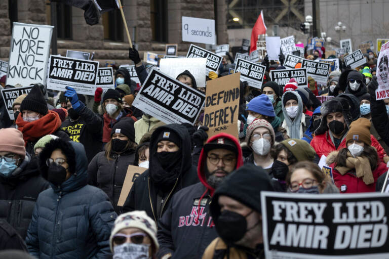 File photo: People march at a rally for Amir Locke on Saturday, Feb. 5, 2022, in Minneapolis. Minnesota prosecutors declined to file charges Wednesday, April 6, 2022, against a Minneapolis police SWAT team officer who fatally shot Amir Locke while executing an early morning no-knock search warrant in a downtown apartment in February
