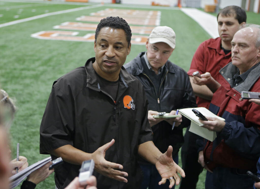 File photo: Cleveland Browns defensive coordinator Ray Horton talks to reporters after practice at the NFL football team's facility in Berea, Ohio Thursday, Dec. 19, 2013. Two coaches joined Brian Flores on Thursday, April 7, 2022, in his lawsuit alleging racist hiring practices by the NFL toward coaches and general managers. The updated lawsuit in Manhattan federal court added coaches Steve Wilks and Ray Horton