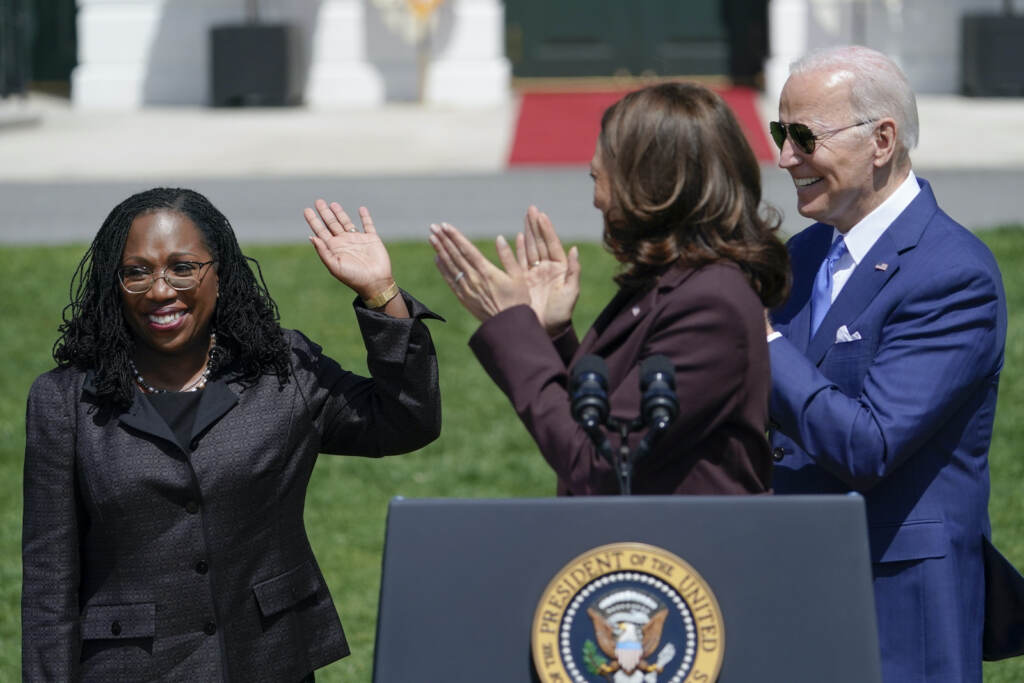 Joe Biden,Kamala Harris,Ketanji Brown Jackson President Joe Biden and Vice President Kamala Harris applaud Judge Ketanji Brown Jackson as Harris speaks during an event on the South Lawn of the White House in Washington, Friday, April 8, 2022, celebrating the confirmation of Jackson as the first Black woman to reach the Supreme Court. (AP Photo/Andrew Harnik)