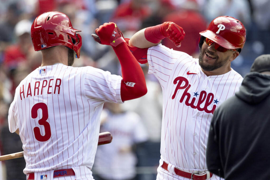Kyle Schwarber, Bryce Harper Philadelphia Phillies’ Kyle Schwarber (12) celebrates with Philadelphia Phillies’ Bryce Harper (3) after hitting a home run in the first inning of a home opening baseball game against the Oakland Athletics, Friday, April 8, 2022, in Philadelphia