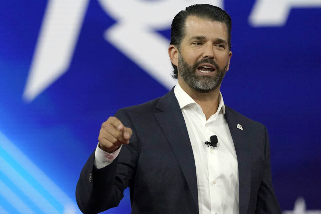 File photo: Donald Trump Jr., speaks at the Conservative Political Action Conference (CPAC) on Feb. 27, 2022, in Orlando, Fla. Donald Trump Jr. texted White House chief of staff Mark Meadows two days after the 2020 presidential election with strategies for overturning the result if Trump's father lost, CNN reported Friday, April 8, 2022