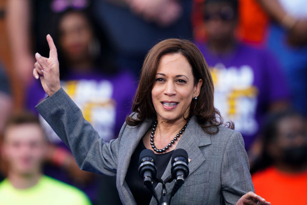 Harris Vice President Kamala Harris arrives to speak at the Metal Worker’s Local Union No. 19 in Philadelphia, Tuesday, April 12, 2022. (AP Photo/Matt Rourke)