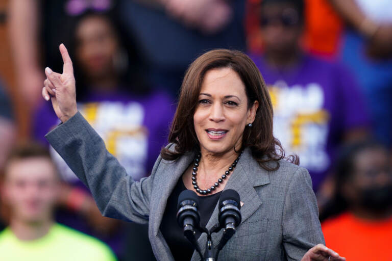 Vice President Kamala Harris arrives to speak at the Metal Worker’s Local Union No. 19 in Philadelphia, Tuesday, April 12, 2022. (AP Photo/Matt Rourke)