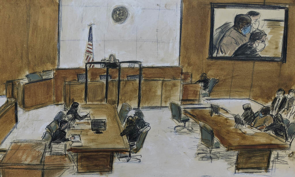 Frank James In this courtroom sketch, Frank James, seated at center of right table, and on left of the screen, upper right, appears during the brief proceeding in a federal court in the Brooklyn borough of New York, Thursday, April 14, 2022. James, accused of opening fire on a crowded subway train in Brooklyn, was ordered held without bail as prosecutors told a judge Thursday he terrified all of New York City