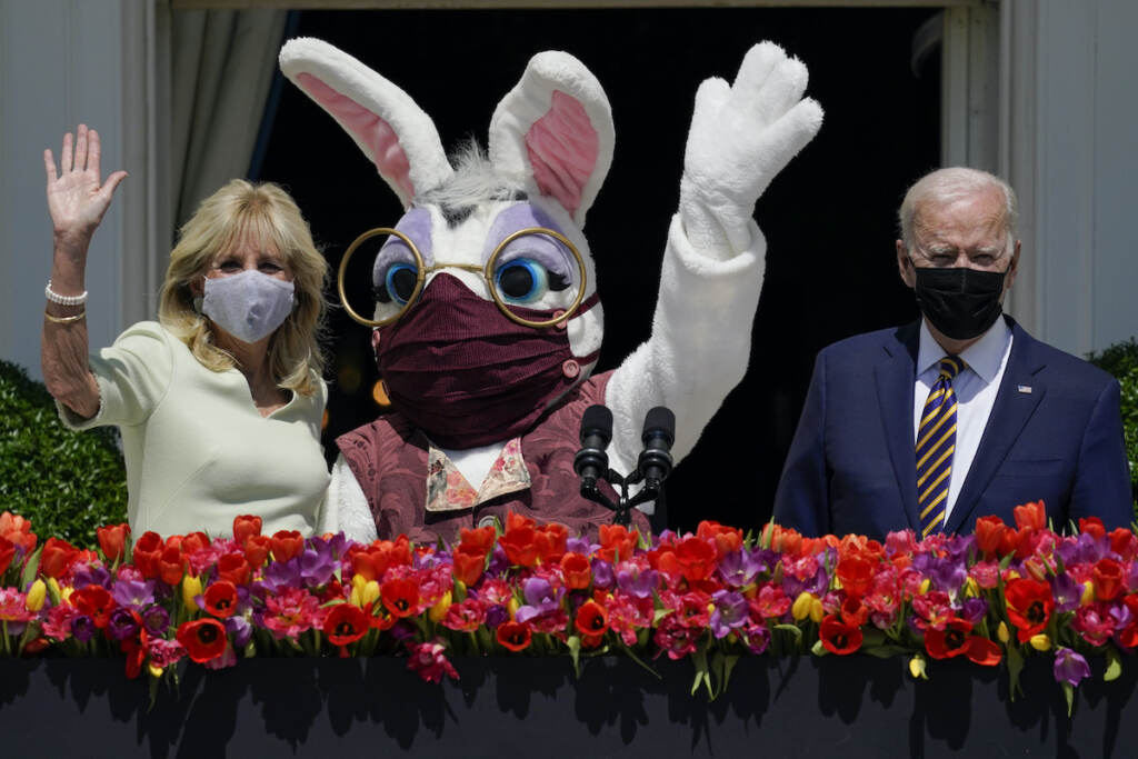 Joe Biden File photo: President Joe Biden appears with first lady Jill Biden and the Easter Bunny on the Blue Room balcony at the White House April 5, 2021, in Washington. The White House Easter Egg Roll is returning on April 18, 2022, after a 2-year, COVID-induced hiatus. The Biden's will welcome some 30,000 kids and their adult chaperones for the egg roll, an egg hunt and other activities.