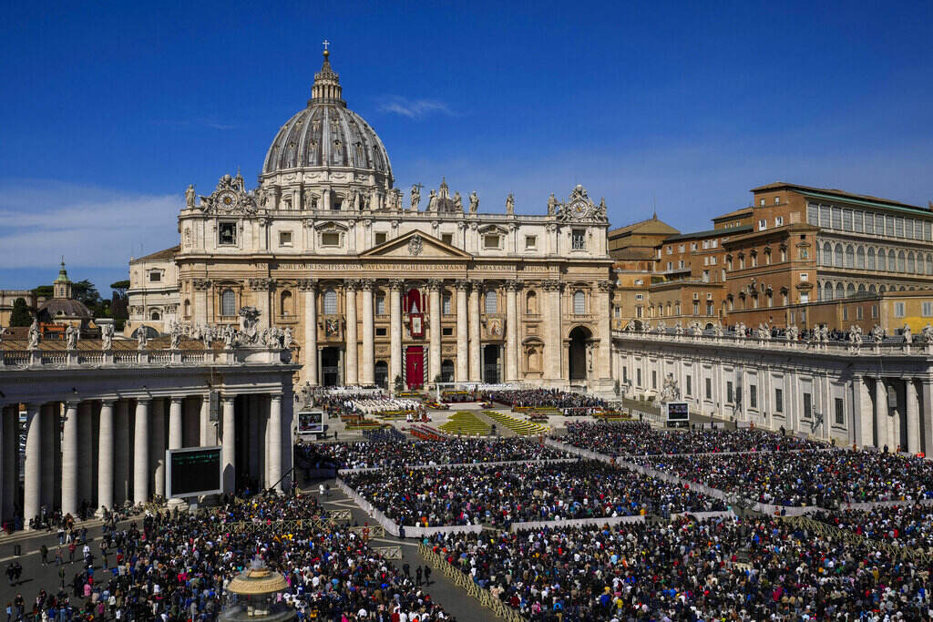 Francis Faithful gather to attend the Catholic Easter Sunday mass led by Pope Francis in St. Peter's Square at the Vatican, Sunday, April 17, 2022. For many Christians, this weekend marks the first time in three years they will gather in person to celebrate Easter Sunday.