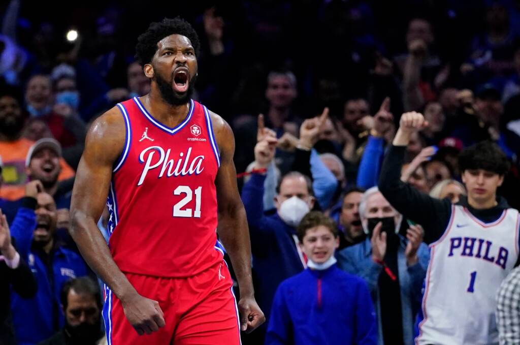 AP22109004196094 (1) Philadelphia 76ers' Joel Embiid reacts after making a basket during the first half of Game 2 of an NBA basketball first-round playoff series against the Toronto Raptors, Monday, April 18, 2022, in Philadelphia. (AP Photo/Matt Slocum)