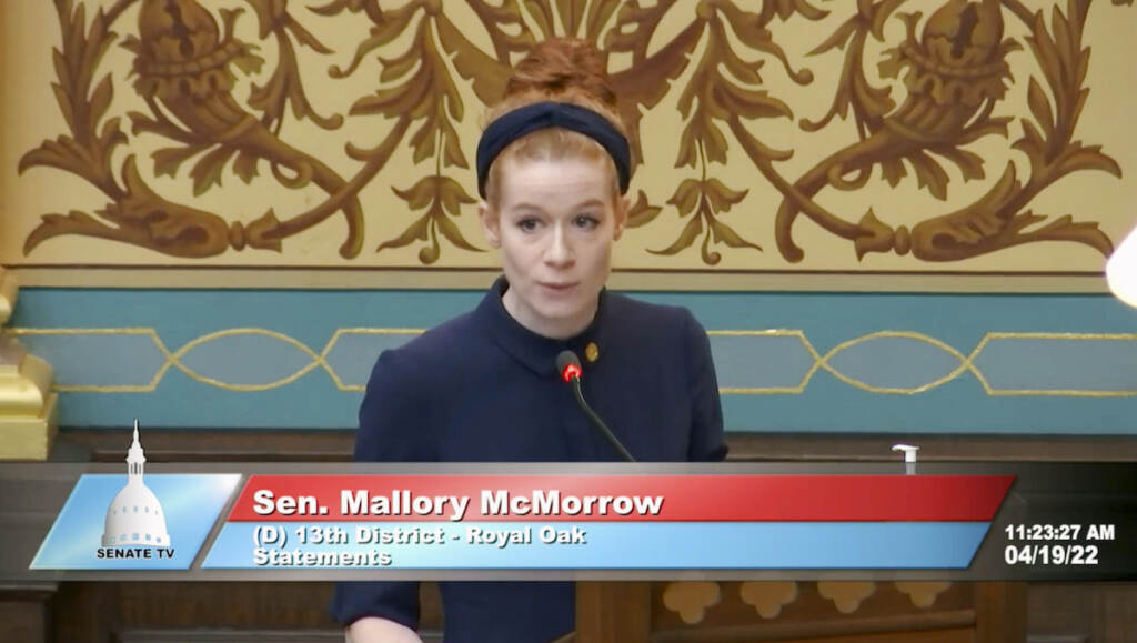 Mallory McMorrow This image from the Michigan Senate shows Sen. Mallory McMorrow speaking on Tuesday, April 19, 2022. The Michigan lawmaker, mother and LGBTQ rights backer who was falsely accused of wanting to “groom’ kids” by a Republican colleague drew widespread praise for defending herself in a 5-minute speech from the Senate floor. McMorrow, who has not gotten an apology, said she will not stop forcefully addressing such attacks