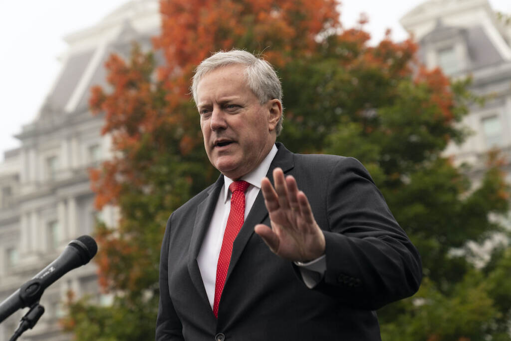 Mark Meadows White House chief of staff Mark Meadows speaks with reporters at the White House, Wednesday, Oct. 21, 2020, in Washington. (AP Photo/Alex Brandon)
