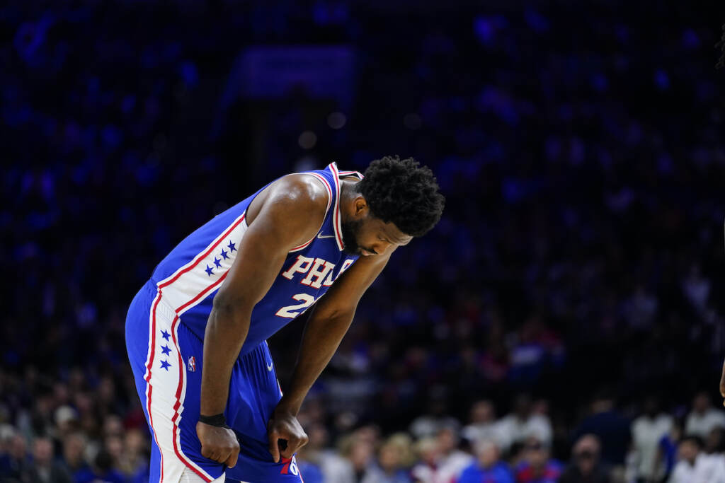 Raptors 76ers Basketball File photo: Philadelphia 76ers' Joel Embiid reacts during Game 5 of an NBA basketball first-round playoff series, Monday, April 25, 2022, in Philadelphia. (AP Photo/Matt Slocum)