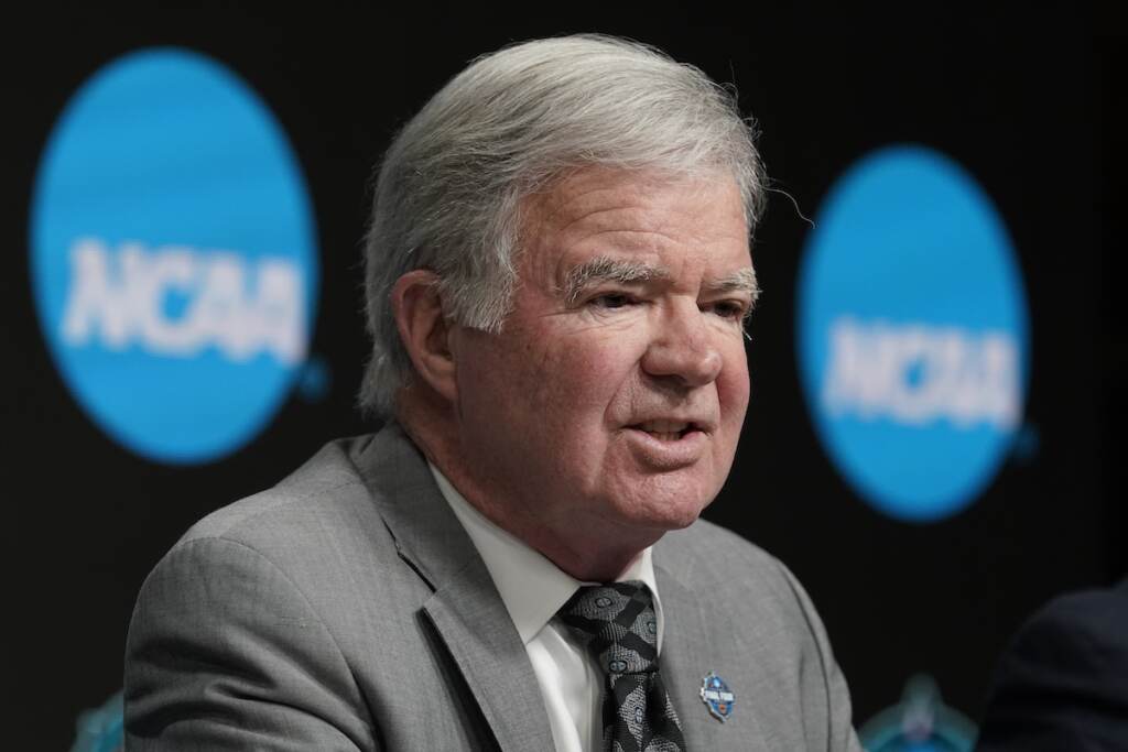 NCAA Emmert NCAA president Mark Emmert speaks at a news conference at the Target Center, site of of the Women’s Final Four NCAA tournament Wednesday, March 30, 2022, in Minneapoils. (AP Photo/Eric Gay)