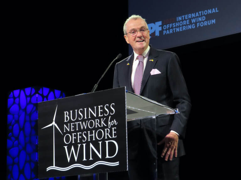 New Jersey Gov. Phil Muprhy speaks at an international offshore wind conference in Atlantic City NJ on April 28, 2022, where he announced that the developers of his state's first offshore wind farm will use a state-financed manufacturing facility to build the components for the project, called Ocean Wind 1. (AP Photo/Wayne Parry)