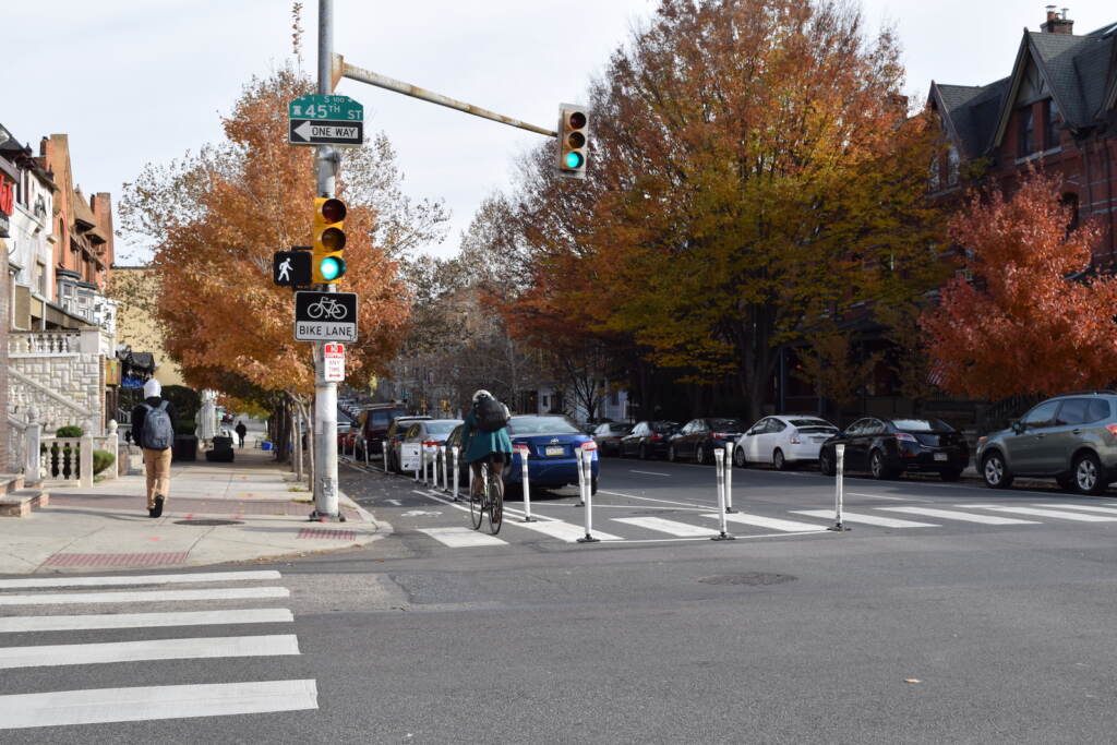 Chestnut_PPBL_at45th_2017 A parking-separated bike lane on Chestnut Street (Courtesy of OTIS)