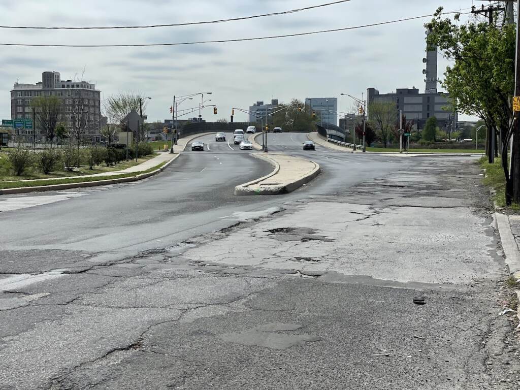 7th Street in Camden, looking towards downtown, connects to the Ben Franklin Bridge to Philadelphia. The enhancement project also includes ramp upgrades. (P. Kenneth Burns/WHYY)