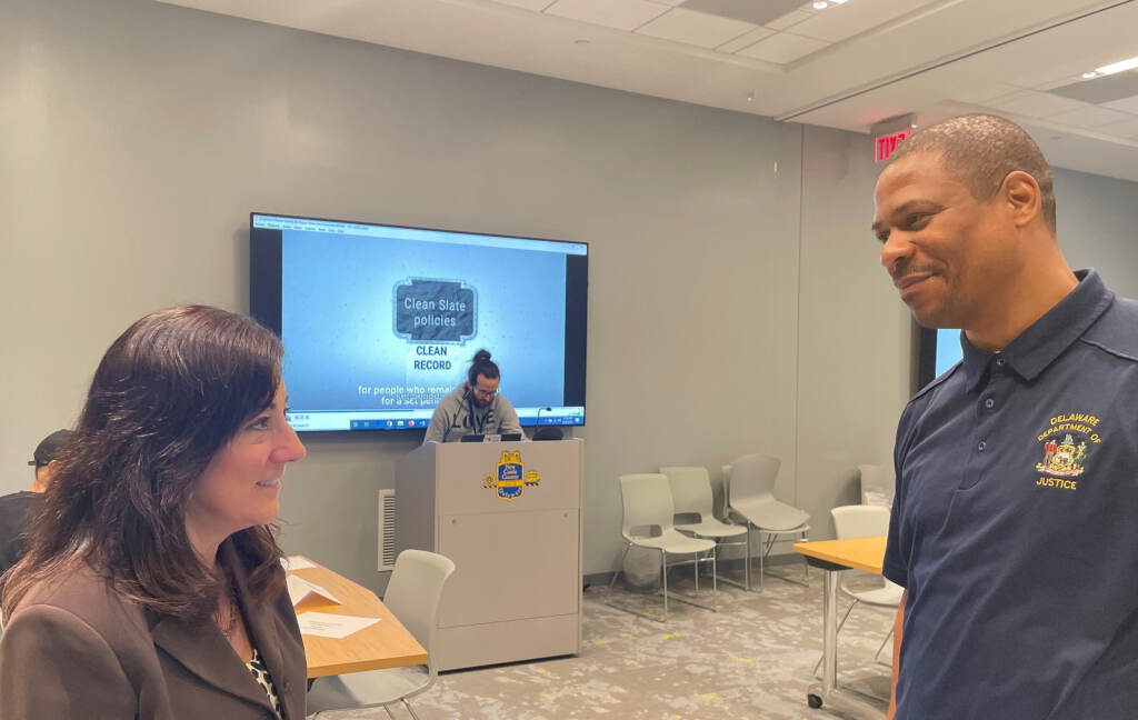 Minutola-priest Public defender Lisa Minutola and community engagement specialist Corie Priest guided people through the expungement process. (Cris Barrish/WHYY)