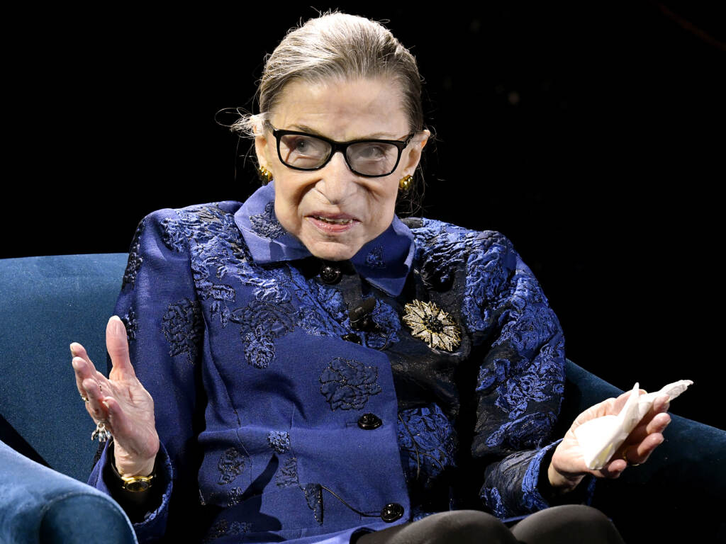 Justice Ruth Bader Ginsburg speaks onstage at the Fourth Annual Berggruen Prize Gala celebrating 2019 Laureate Supreme Court Justice Ruth Bader Ginsburg in New York City. The U.S. Navy announced that a future ship will be named in her honor. Justice Ruth Bader Ginsburg speaks onstage at the Fourth Annual Berggruen Prize Gala celebrating 2019 Laureate Supreme Court Justice Ruth Bader Ginsburg in New York City. (Eugene Gologursky/Getty Images for Berggruen Institute)