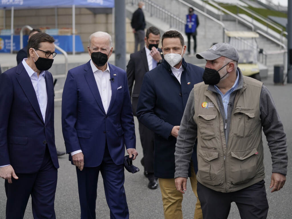 Celebrity chef José Andrés (right) is the founder of World Central Kitchen, a nonprofit organization that serves meals to people affected by humanitarian crises. Here, President Biden (second from left) arrives to meet with Ukrainian refugees and humanitarian aid workers during a visit to Warsaw, Poland, on March 26. Celebrity chef José Andrés (right) is the founder of World Central Kitchen, a nonprofit organization that serves meals to people affected by humanitarian crises. Here, President Biden (second from left) arrives to meet with Ukrainian refugees and humanitarian aid workers during a visit to Warsaw, Poland, on March 26. (Evan Vucci/AP)
