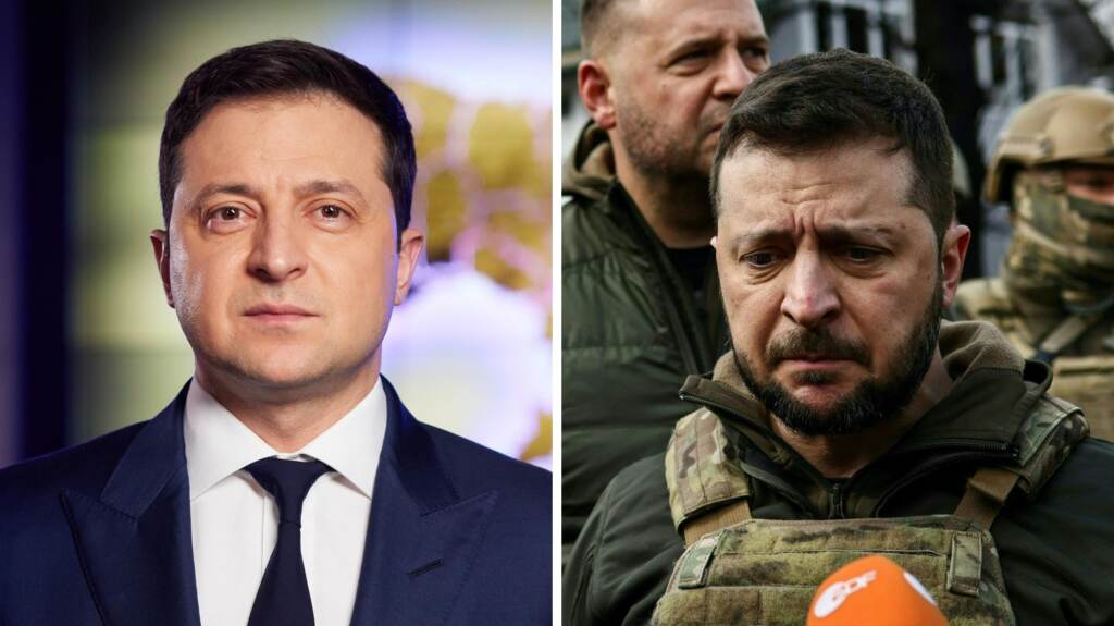 Left: Ukrainian President Volodymyr Zelenskyy on Feb. 22. Right: Zelenskyy on April 4. Left: Ukrainian President Volodymyr Zelenskyy on Feb. 22. Right: Zelenskyy on April 4. (Ukrainian Presidency/Handout/Anadolu Agency via Getty Images; Ronaldo Schemidt/AFP via Getty Images)