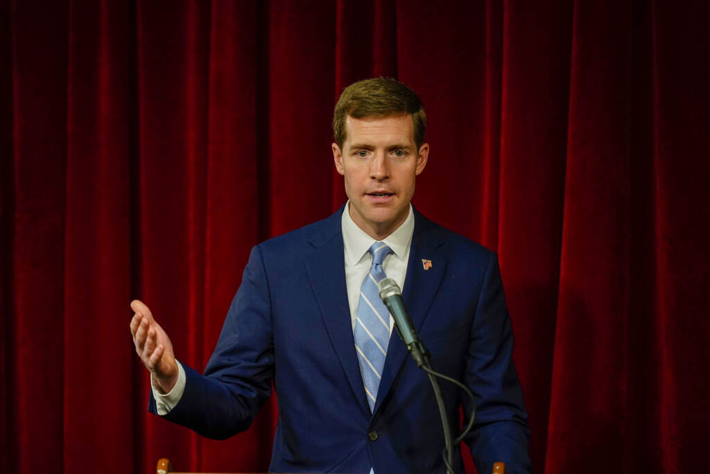 Rep. Conor Lamb, D-Pa., takes part in a forum for Democratic candidates for U.S. Senate in Pennsylvania at Muhlenberg College in Allentown, Pa., Sunday, April 3, 2022. (AP Photo/Matt Rourke)