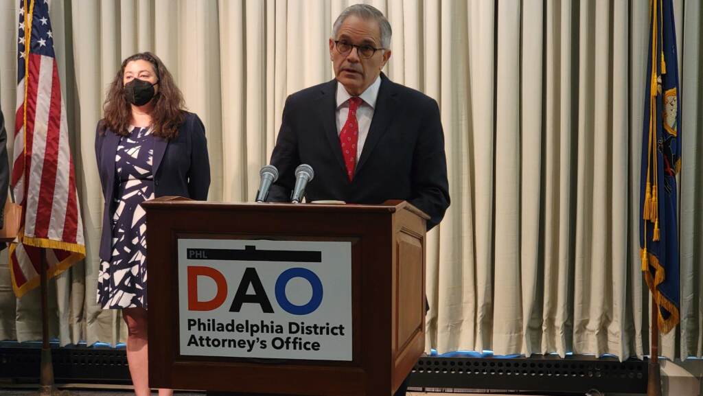District Attorney Larry Krasner addresses the media during a press conference