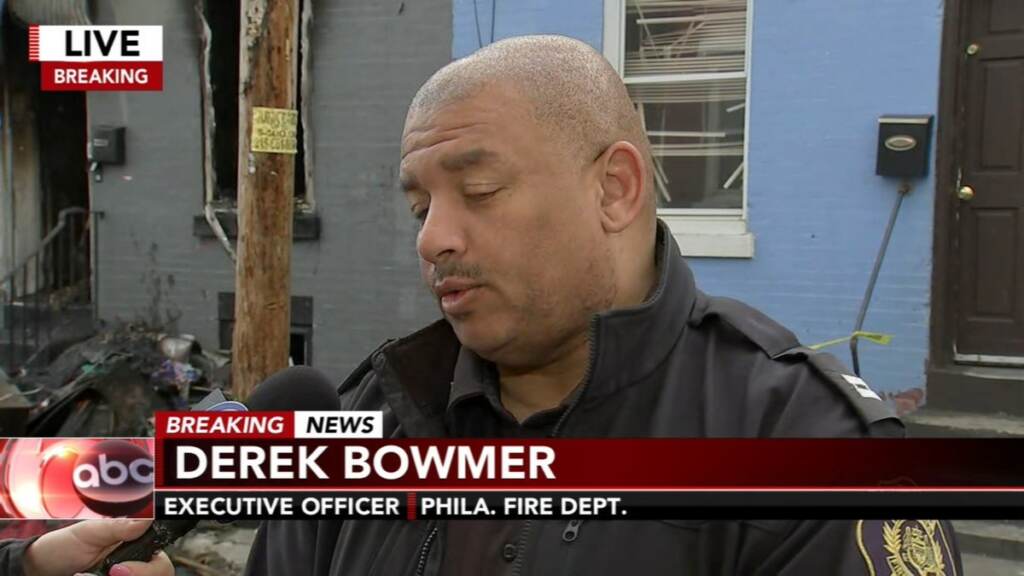 Derek Bowner, executive officer at the Philadephia Fire Department, speaks with the press following a deadly fire in Kensington on April 24, 2022.