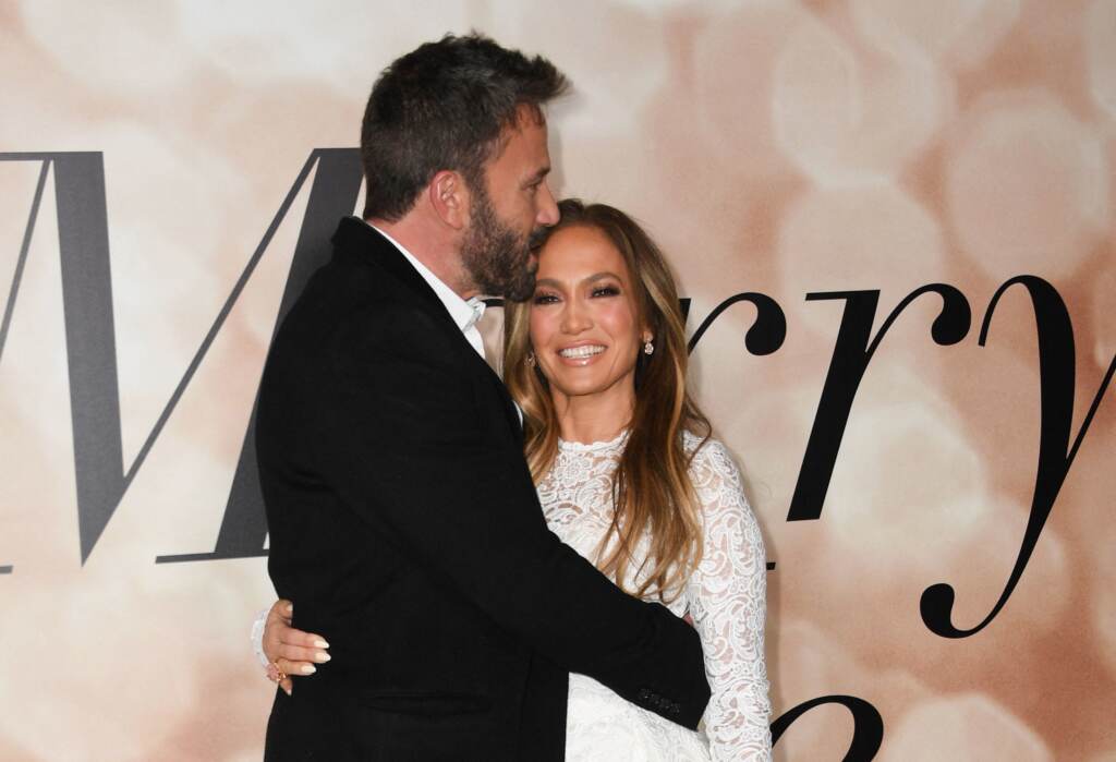Actors Jennifer Lopez and Ben Affleck arrive for a special screening of the film Marry Me at the Directors Guild of America in Los Angeles on Friday. Actors Jennifer Lopez and Ben Affleck arrive for a special screening of the film Marry Me at the Directors Guild of America in Los Angeles on Friday. (Valerie Macon/AFP via Getty Images)