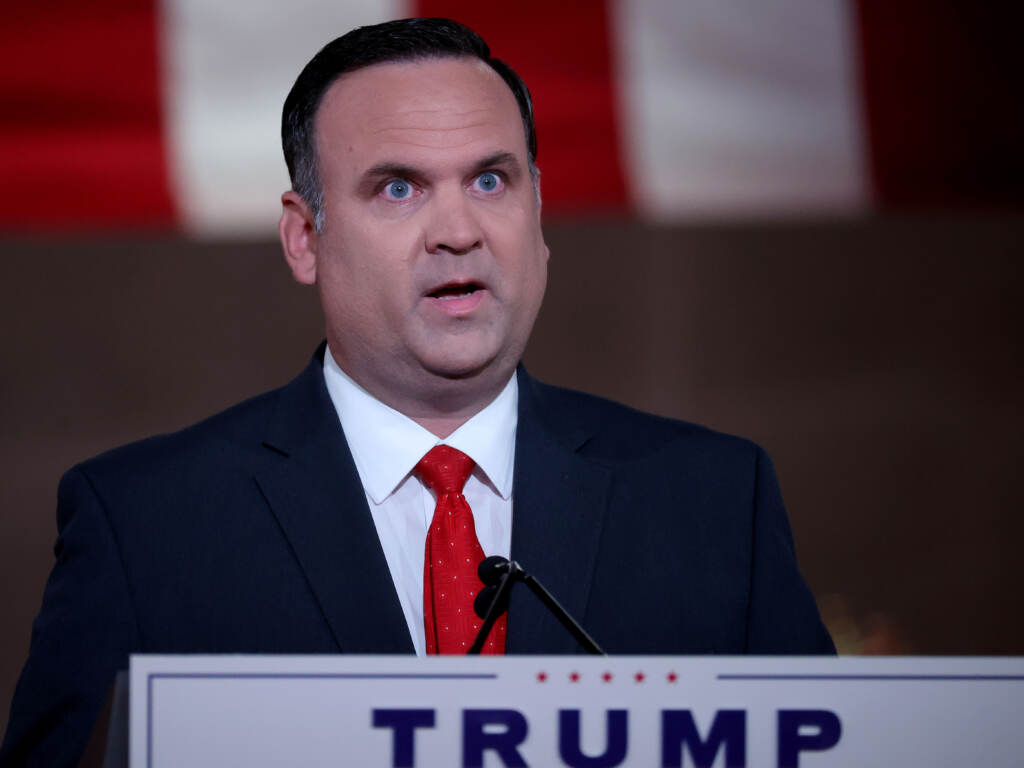 Then-White House Deputy Chief of Staff for Communications Dan Scavino delivers a recorded address for the Republican National Convention on Aug. 26, 2020, in the empty Mellon Auditorium in Washington, D.C. Then-White House Deputy Chief of Staff for Communications Dan Scavino delivers a recorded address for the Republican National Convention on Aug. 26, 2020, in the empty Mellon Auditorium in Washington, D.C. (Chip Somodevilla/Getty Images)