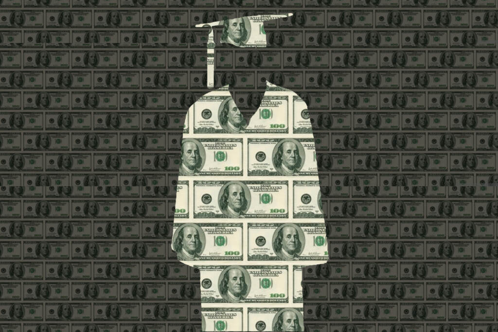 An illustration depicts a college graduation cap and gown made of $100 bill.