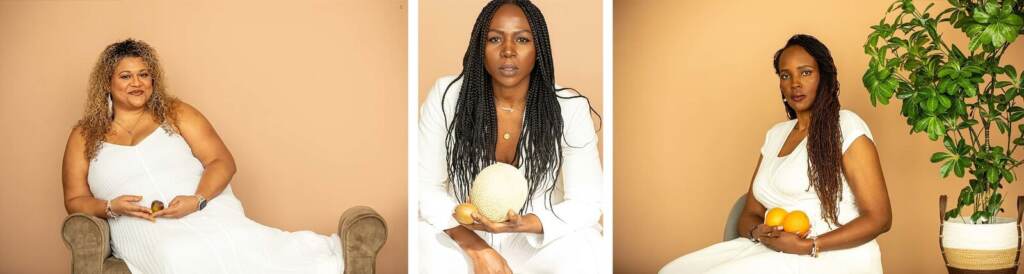 From left, Nichole 'Nykke' Straws, Abibat Durosimi and Marsha (last name withheld) hold fruit that is the size of their fibroids. The portraits were made for Hidden Fruit, an educational campaign launched by The White Dress Project and GladRags to highlight the experience of Black women dealing with fibroids.