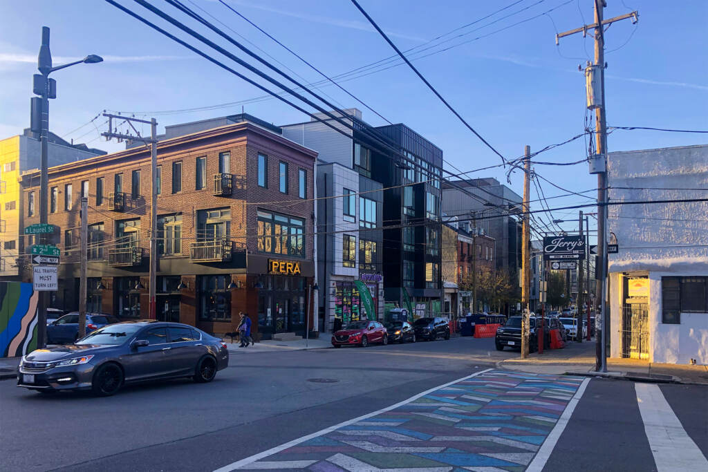 A view of Northern Liberties' North 2nd street, with the street stretching out in front and buildings in the background.
