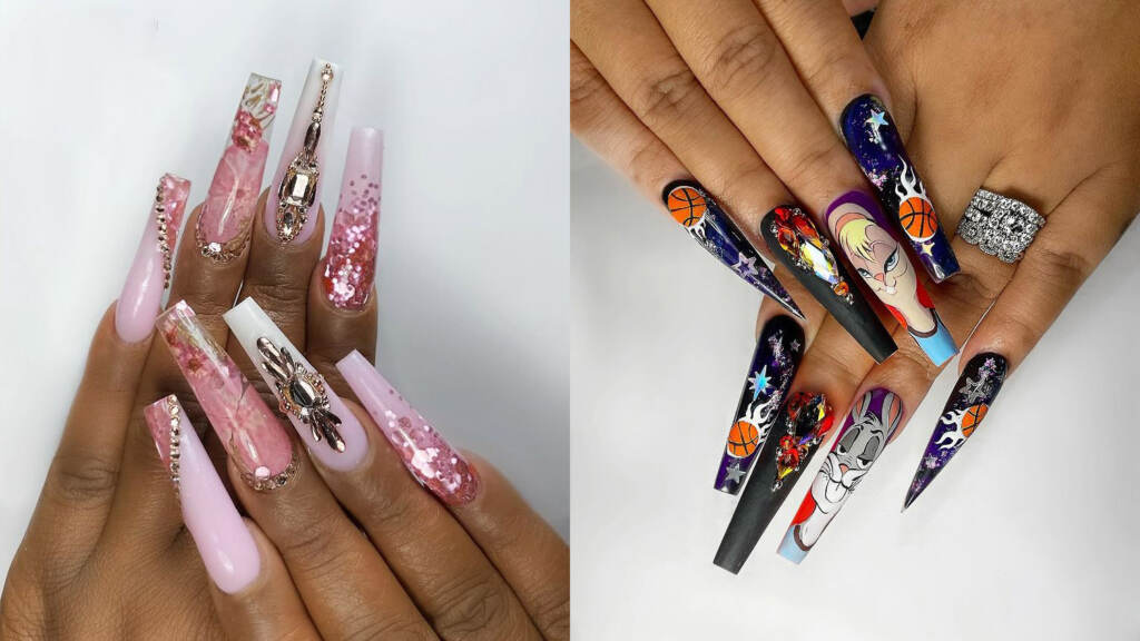 nubellanails-01 Two photos side-by-side show elaborately designed and painted nails.