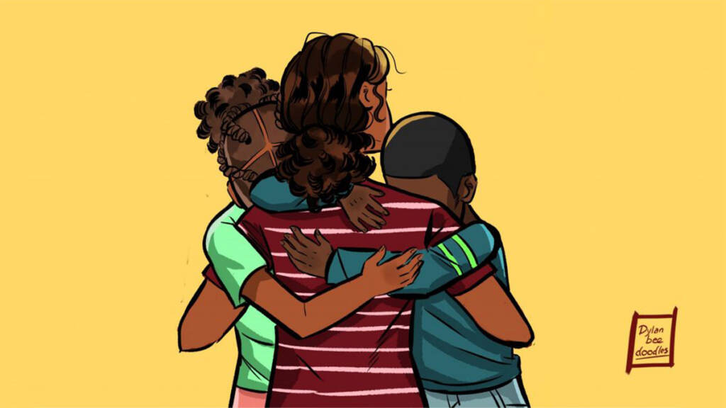 ourkids-motherhug Three people are hugging in each other with a yellow background in this illustration.
